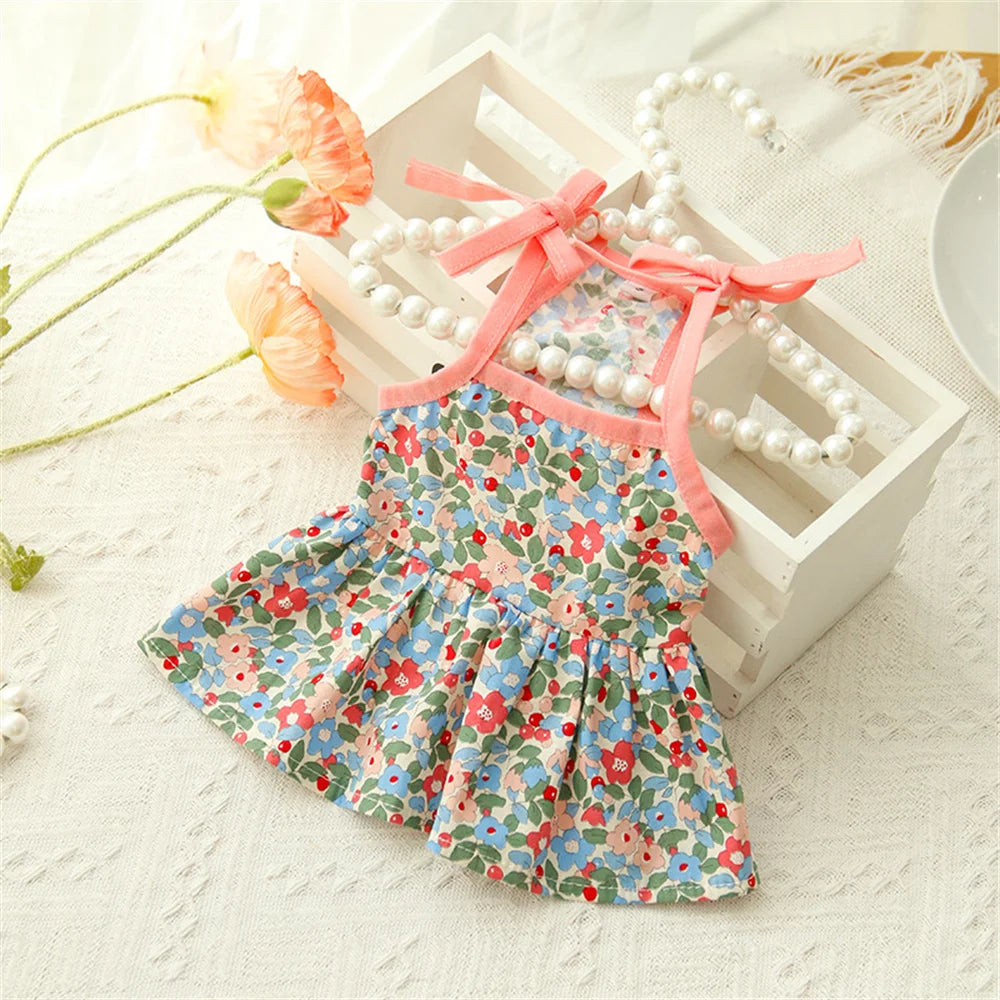 Summer Cotton Cat & Small Dog Suspender Dress – Floral Princess Outfit