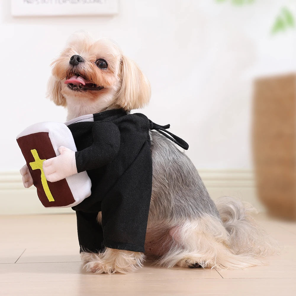 Funny Halloween Dog Costume – Pastor Style Pet Outfit with Cross
