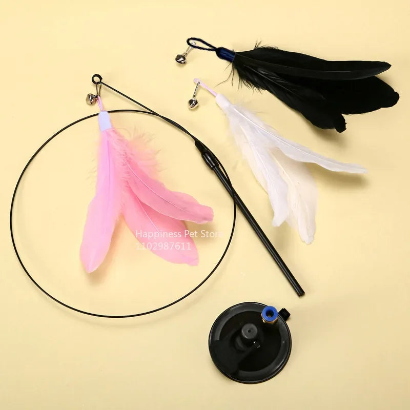 Cat Teaser Wand with Bell & Suction Cup – Replaceable Feather Toy