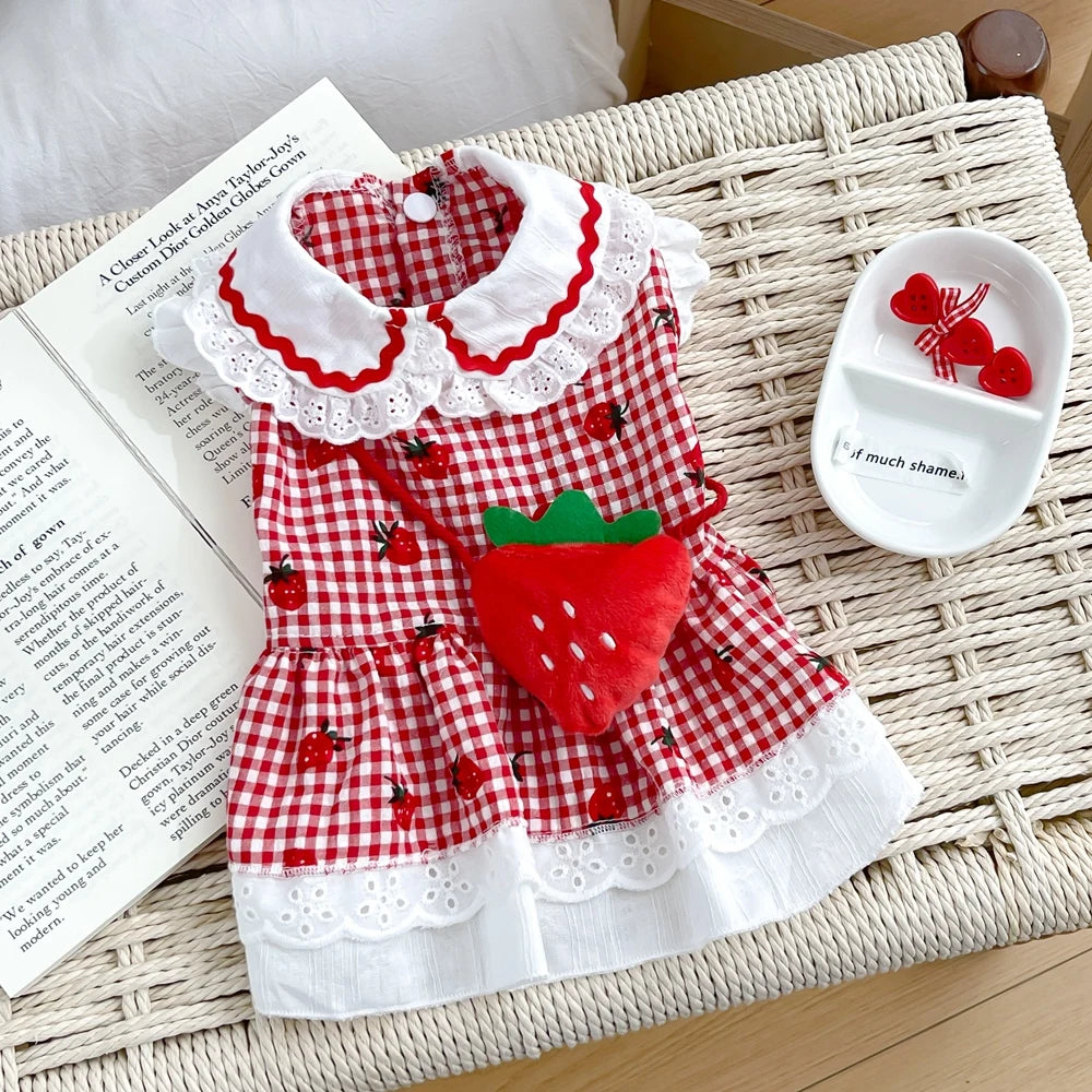 Strawberry Dog Dress – Cute Plaid Summer Outfit for Small Dogs & Cats