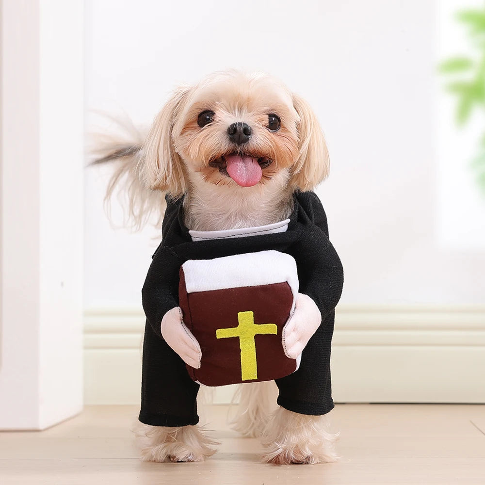 Funny Halloween Dog Costume – Pastor Style Pet Outfit with Cross