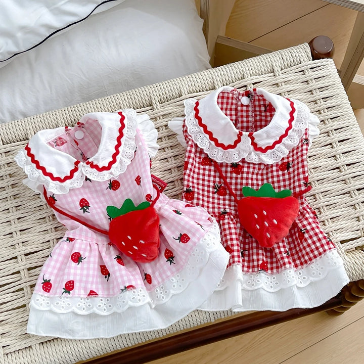 Strawberry Dog Dress – Cute Plaid Summer Outfit for Small Dogs & Cats