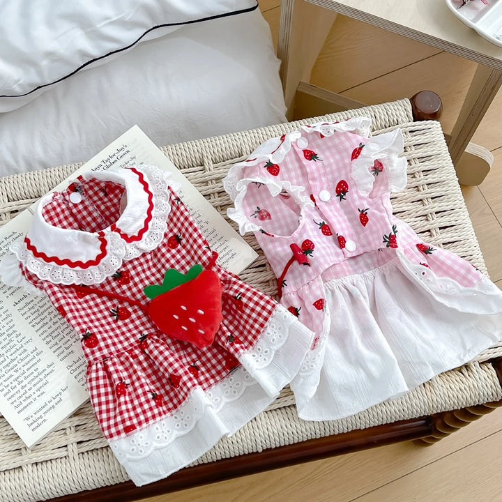Strawberry Dog Dress – Cute Plaid Summer Outfit for Small Dogs & Cats
