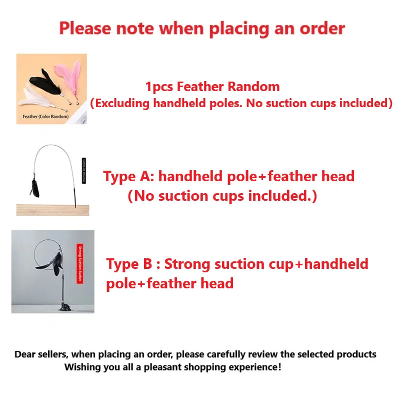 Cat Teaser Wand with Bell & Suction Cup – Replaceable Feather Toy