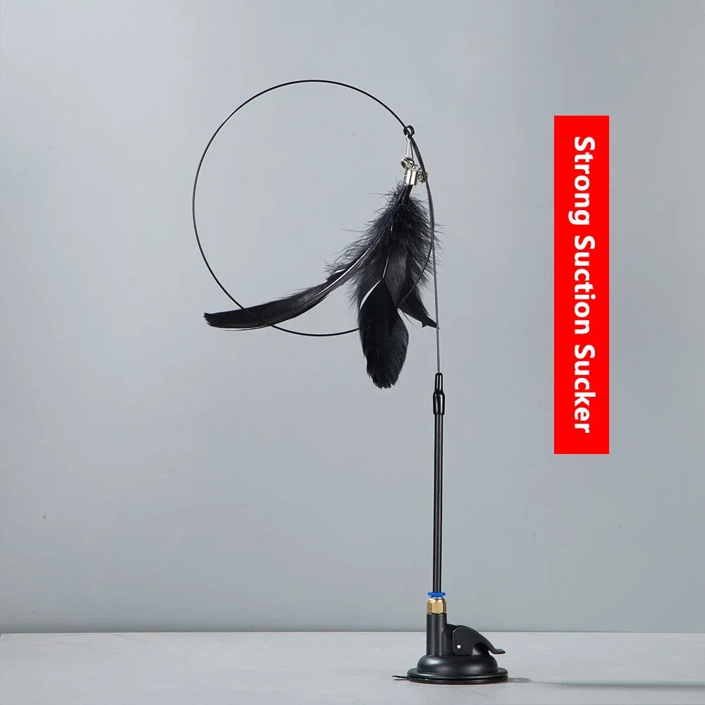 Cat Teaser Wand with Bell & Suction Cup – Replaceable Feather Toy