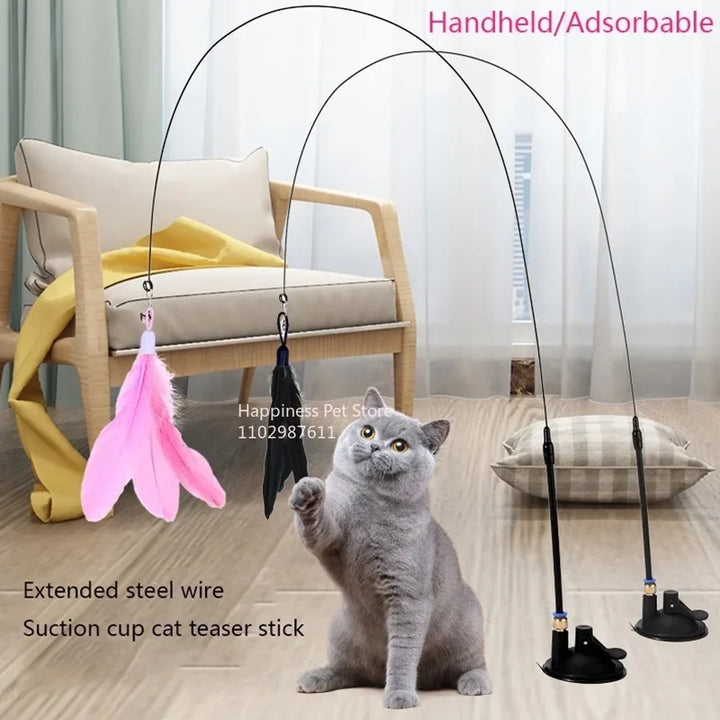 Cat Teaser Wand with Bell & Suction Cup – Replaceable Feather Toy