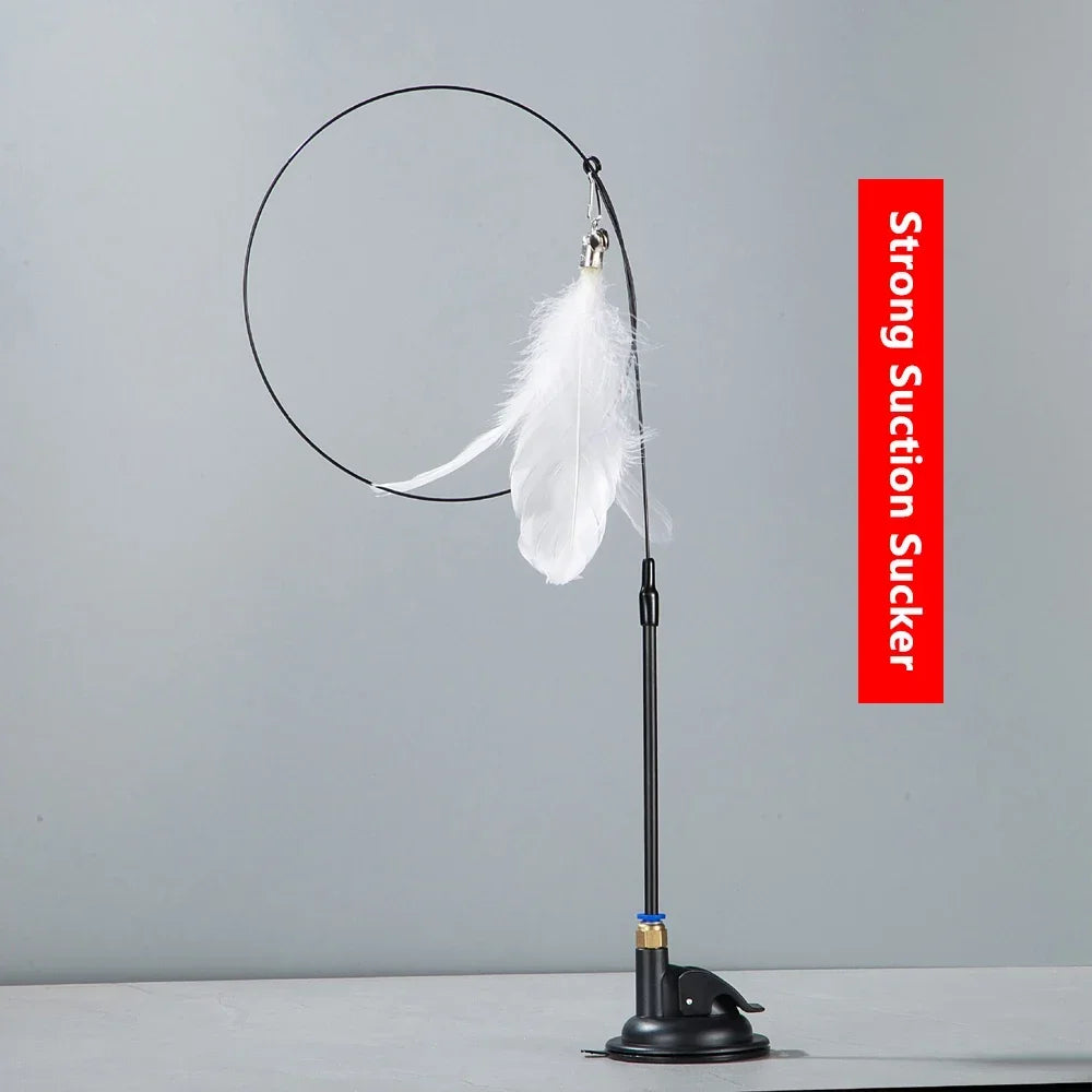 Cat Teaser Wand with Bell & Suction Cup – Replaceable Feather Toy