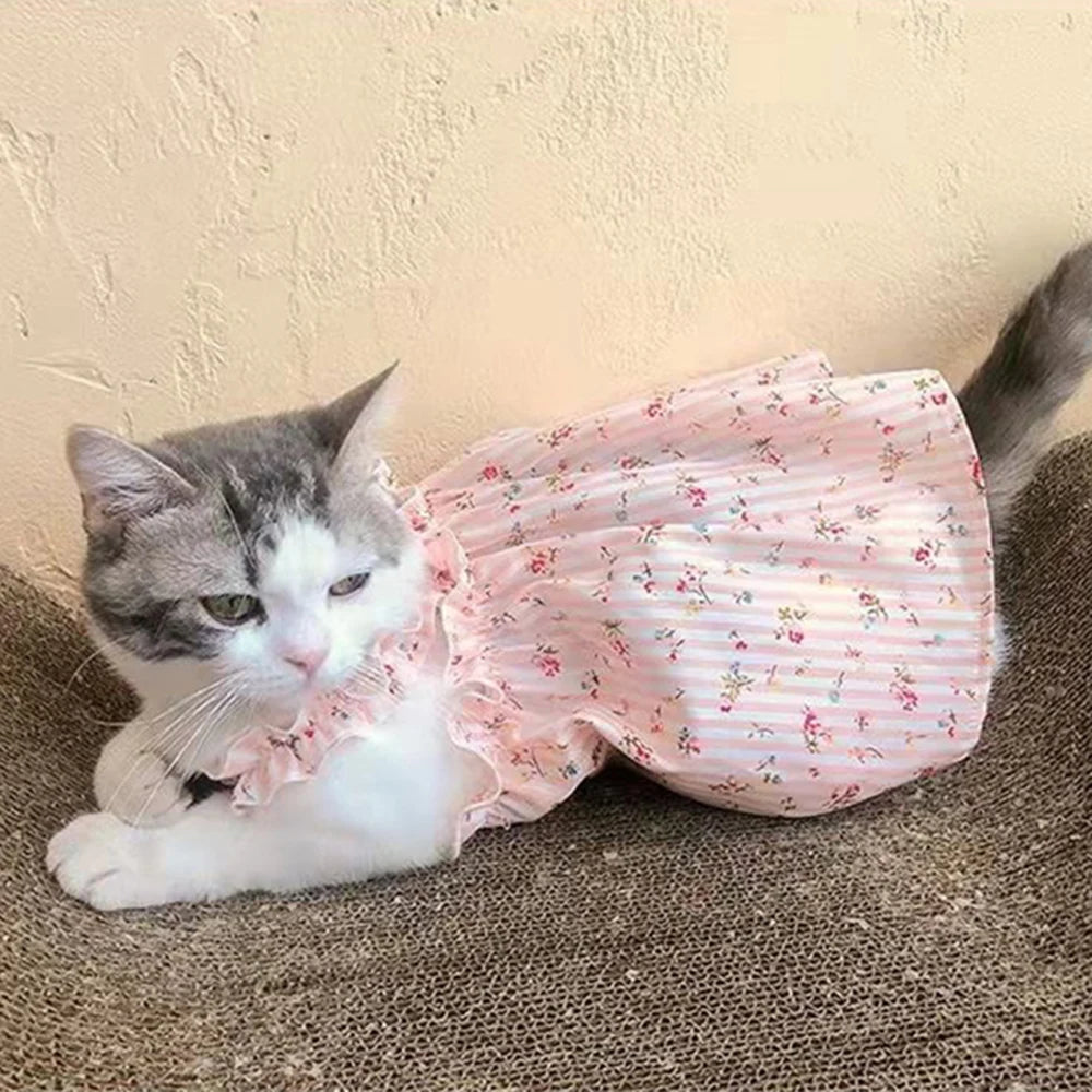 Summer Cotton Cat & Small Dog Suspender Dress – Floral Princess Outfit