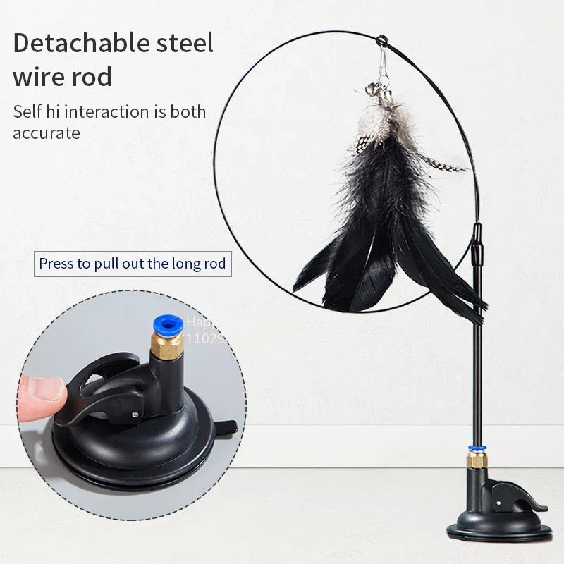 Cat Teaser Wand with Bell & Suction Cup – Replaceable Feather Toy