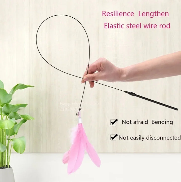 Cat Teaser Wand with Bell & Suction Cup – Replaceable Feather Toy