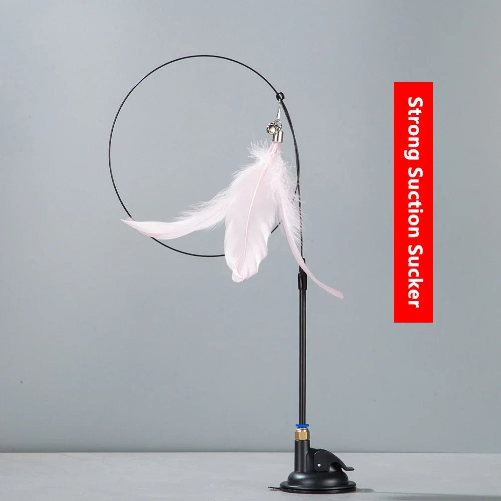 Cat Teaser Wand with Bell & Suction Cup – Replaceable Feather Toy