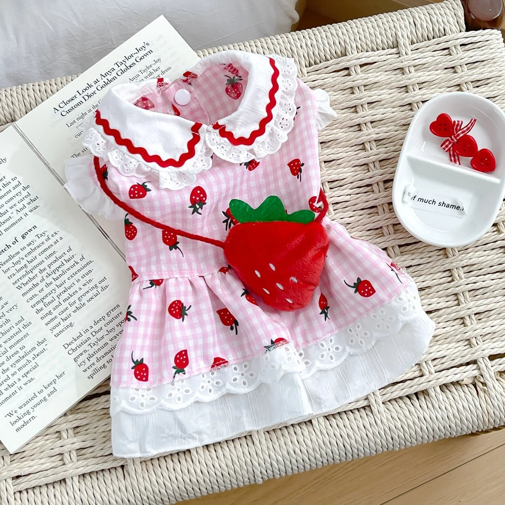 Strawberry Dog Dress – Cute Plaid Summer Outfit for Small Dogs & Cats