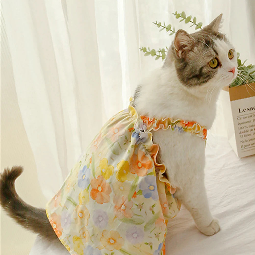Summer Cotton Cat & Small Dog Suspender Dress – Floral Princess Outfit