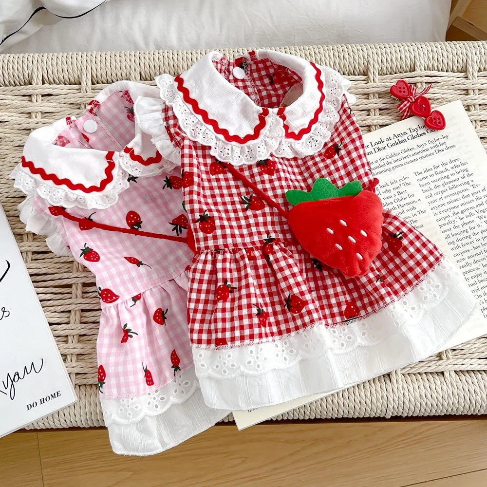Strawberry Dog Dress – Cute Plaid Summer Outfit for Small Dogs & Cats
