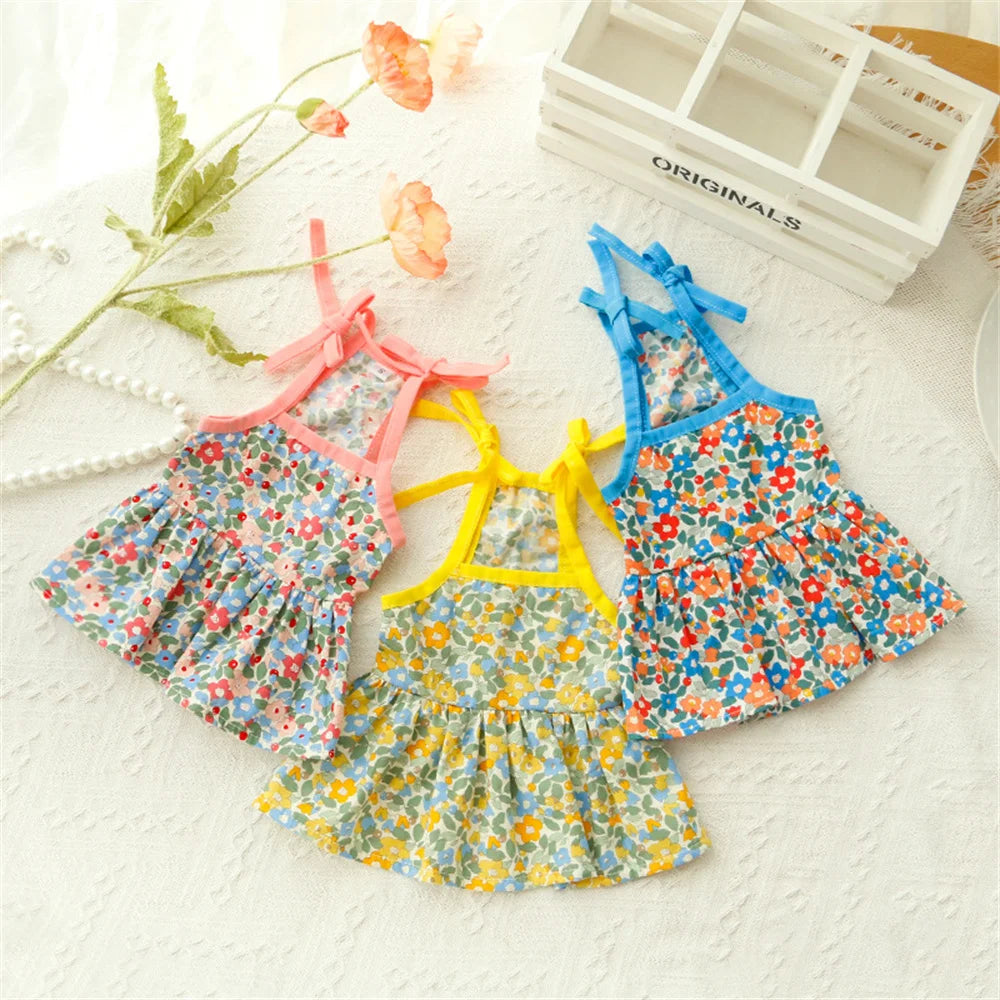 Summer Cotton Cat & Small Dog Suspender Dress – Floral Princess Outfit
